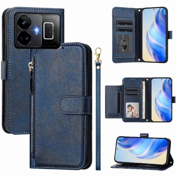 Funda tipo cartera para Realme GT Neo 5 240W 5G con bolsillo con cremallera, tarjetero, soporte, correa para la muñeca y tapa de cuero azul