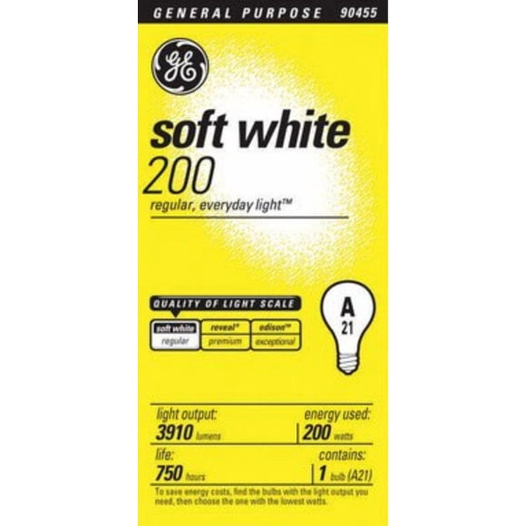 Bombilla GE de 200 W, luz blanca suave, base mediana, 120 V, A21
