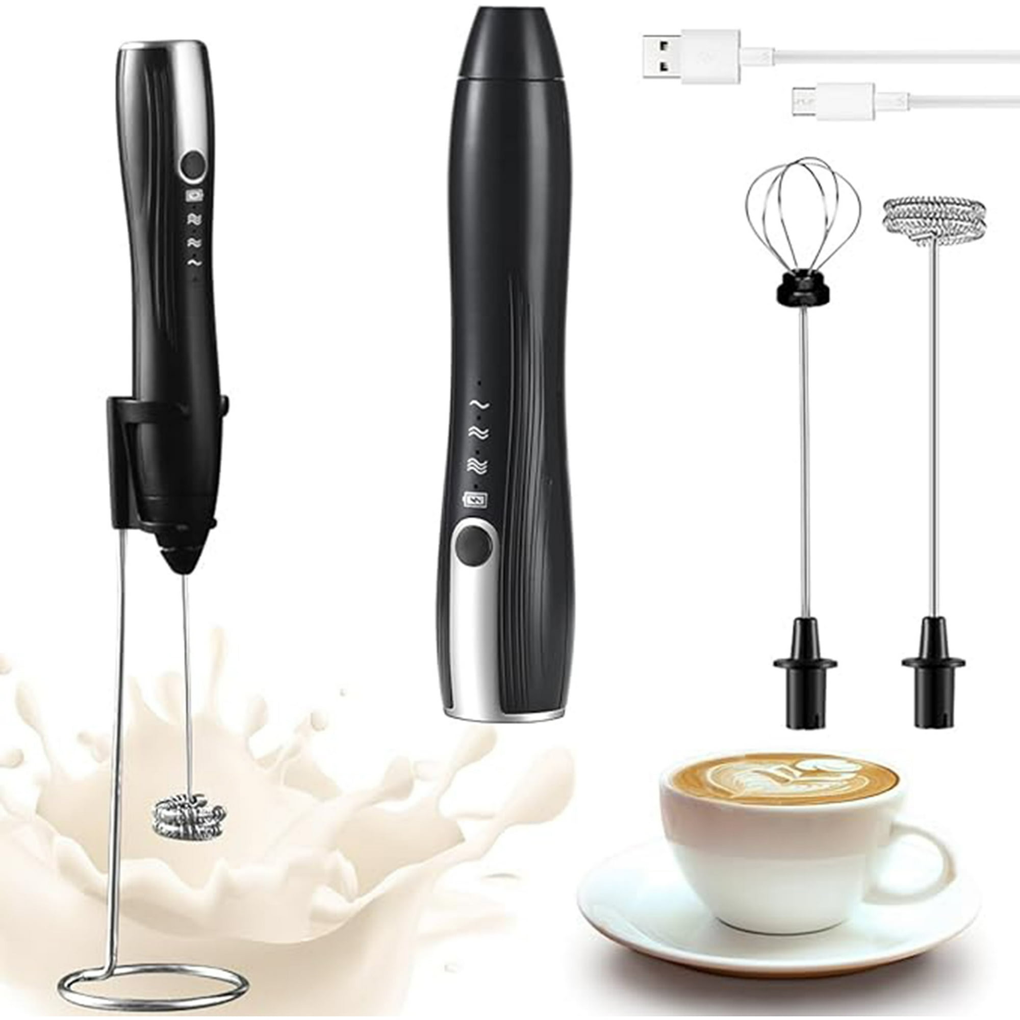 Veat00l - Agitador De Leche 2 En 1 Con Base De Soporte, Espumador Eléctrico Recargable Con 2 Cabezales De Acero Inoxidable Y 3 Velocidades, Batidora De Mano Para Espuma De Leche,capuchino,huevos,harina