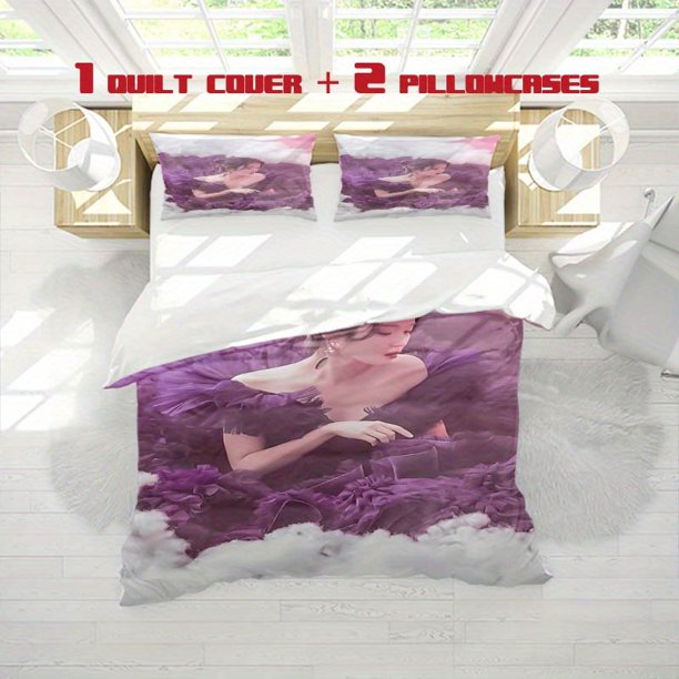 3pcs IU Purple Dress Print Three Piece Bedding Set Soft Quilt Cover And Two Pillowcases
