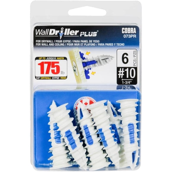 Anclajes #10 WallDriller Plus, paquete de 6 con tornillos, Cobra