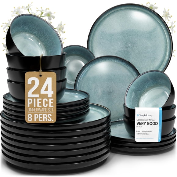 Juego de Vajilla de Loza de 24 Piezas para 8 Personas - Platos y Tazones Artesanales con Esmalte Reactivo - Resistente a Astillas y Rayones - Apto para Lavavajillas y Microondas - Negro y Azul Petrol