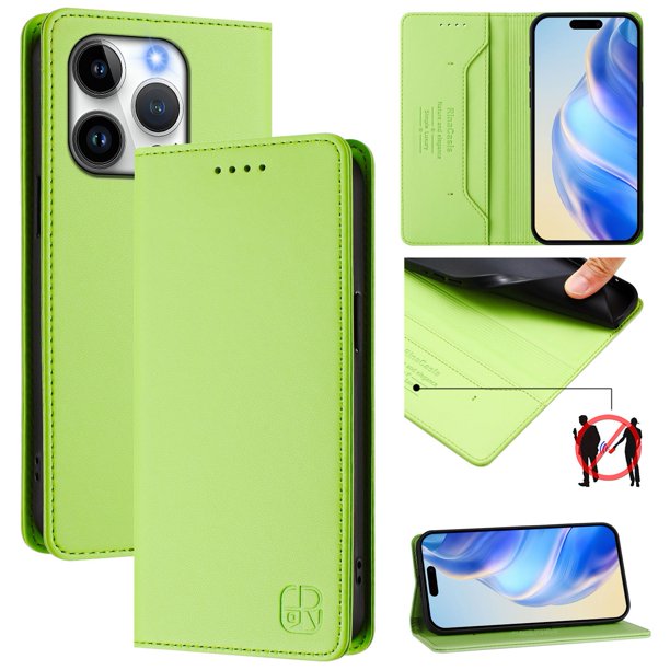 Funda Billetera con Soporte para iPhone 15 Pro Bloqueo RFID Plegable Verde claro