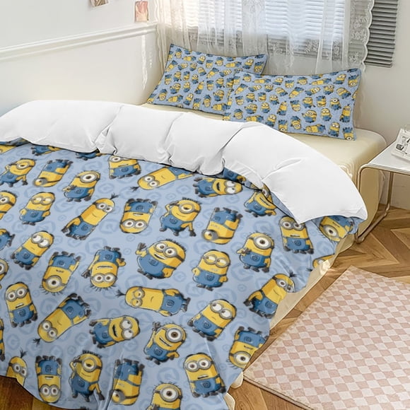 Pale Blue Minions Comforter Set Soft 3 Pcs Twin Bedding Sets Thicken for All Season, 1 Comforter 2 Pillow Shams