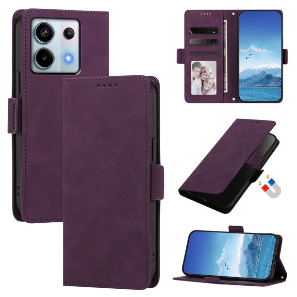 Funda Billetera Delgada para Xiaomi Redmi Note 13 Pro 5G con Ranuras y Soporte Morado oscuro