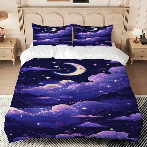 Pixel Night Sky Digital Print Bedding Set Polyester Light Beige-Friendly Fabric