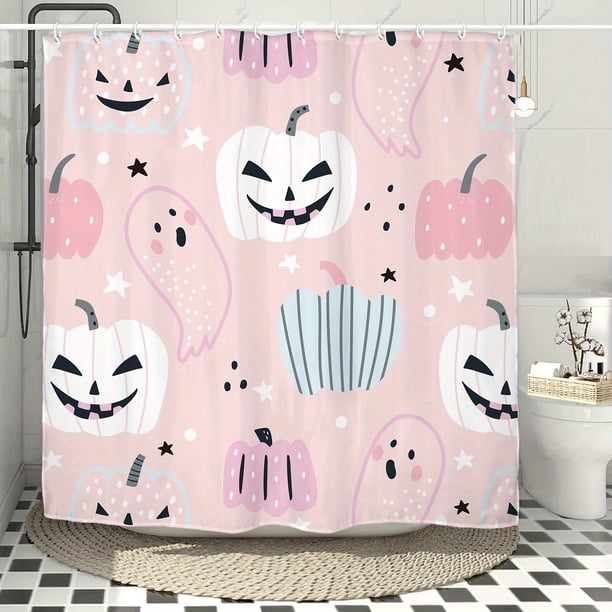 1pc Waterproof and Mildew-Proof Pink Halloween Pumpkin Pattern Shower Curtain with 12 Hooks - Machine Washable Bathroom Decor for Windows - 71x71in