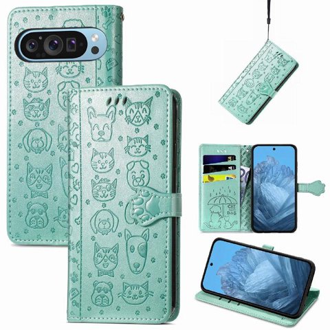 Funda Cartera Foxdock Para Google Pixel 9/9 Pro , Flip Pu Con Relieve De Gatos Y Perros, Tarjetero Y Soporte