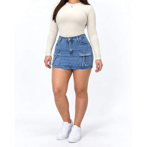 Mini Falda Short Mujer Cargo Azul Tiro Alto