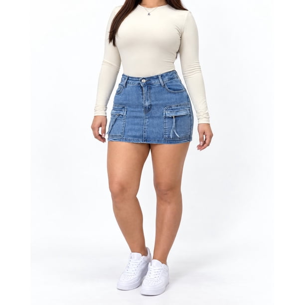 Mini Falda Short Mujer Cargo Azul Tiro Alto