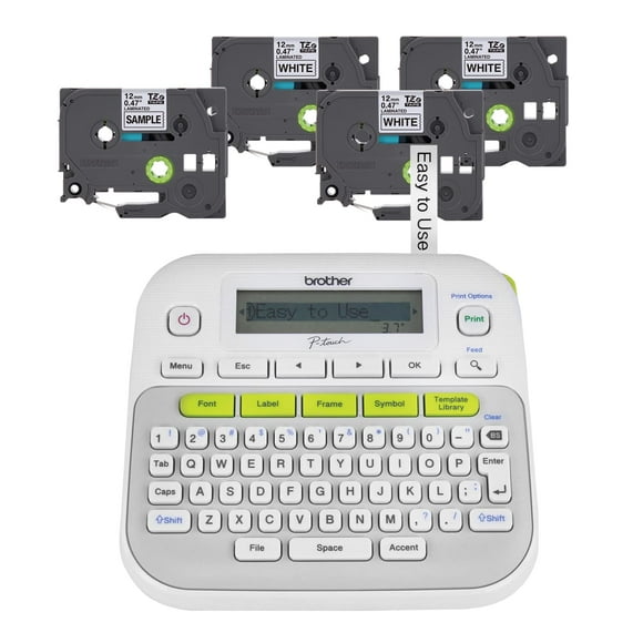 Brother P-Touch, PTD210, Kit de etiquetadora fácil de usar (4 cintas de etiquetas incluidas), blanca, pequeña