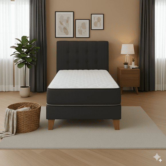 Cama 1 Plazas Base Europea + Colchón 25 cm Resortes Bonnell + Respaldo Tapizado