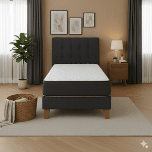 M&E - Cama 1,5 Plazas Base Europea + Colchón 24 Cm Resortes Bonnell + Respaldo Tapizado
