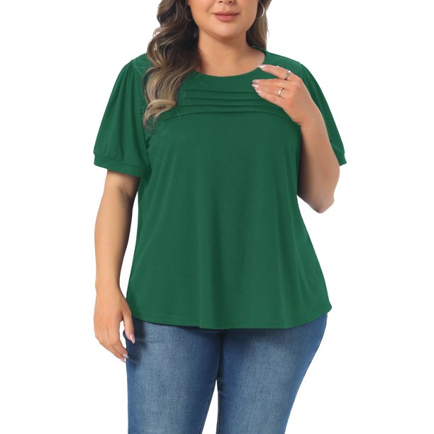 Agnes Orinda Camiseta de Mujer Talla Grande Cuello Redondo Manga Corta Camisetas Blusa Casual Elegante con Pliegues 1X Verde Oscuro