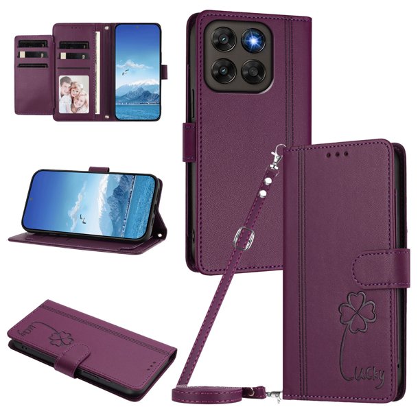 Funda Cartera Trébol para Motorola Moto G77 con Ranuras Tarjetas y Carga Inalámbrica Violeta
