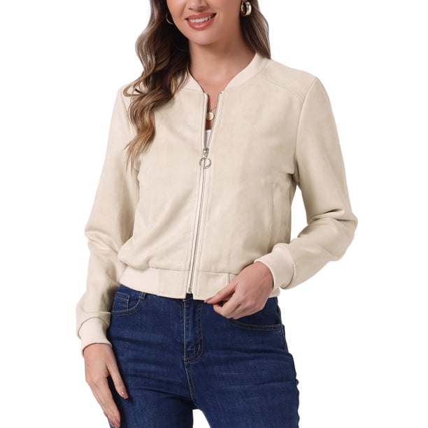 INSPIRE CHIC Chaqueta de Imitación de Gamuza para Mujer con Cuello Alto, Cierre de Cremallera, Diseño Recortado y Bolsillos L Beige
