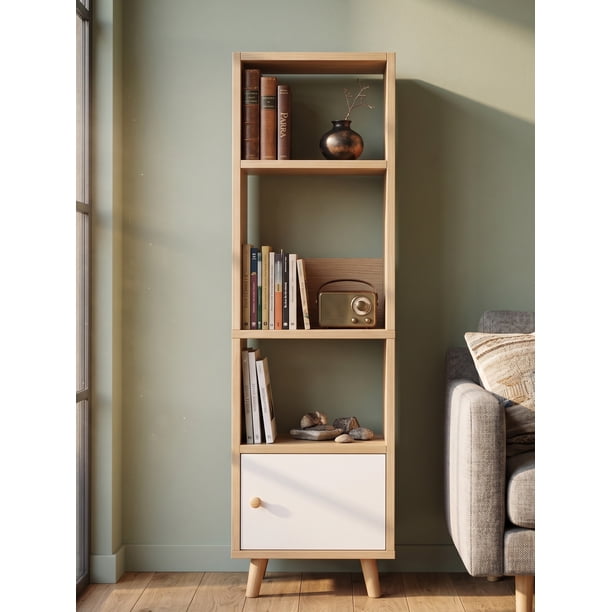 Librero Alto 40x24x150cm Biblioteca Multiuso Con Puerta Acanalada Y Patas Elevadas Organizador Dormitorio Sala