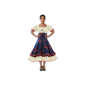Wanny - Vestido Huasa Chinita Floreado Azul Blanco Mujer Azul S