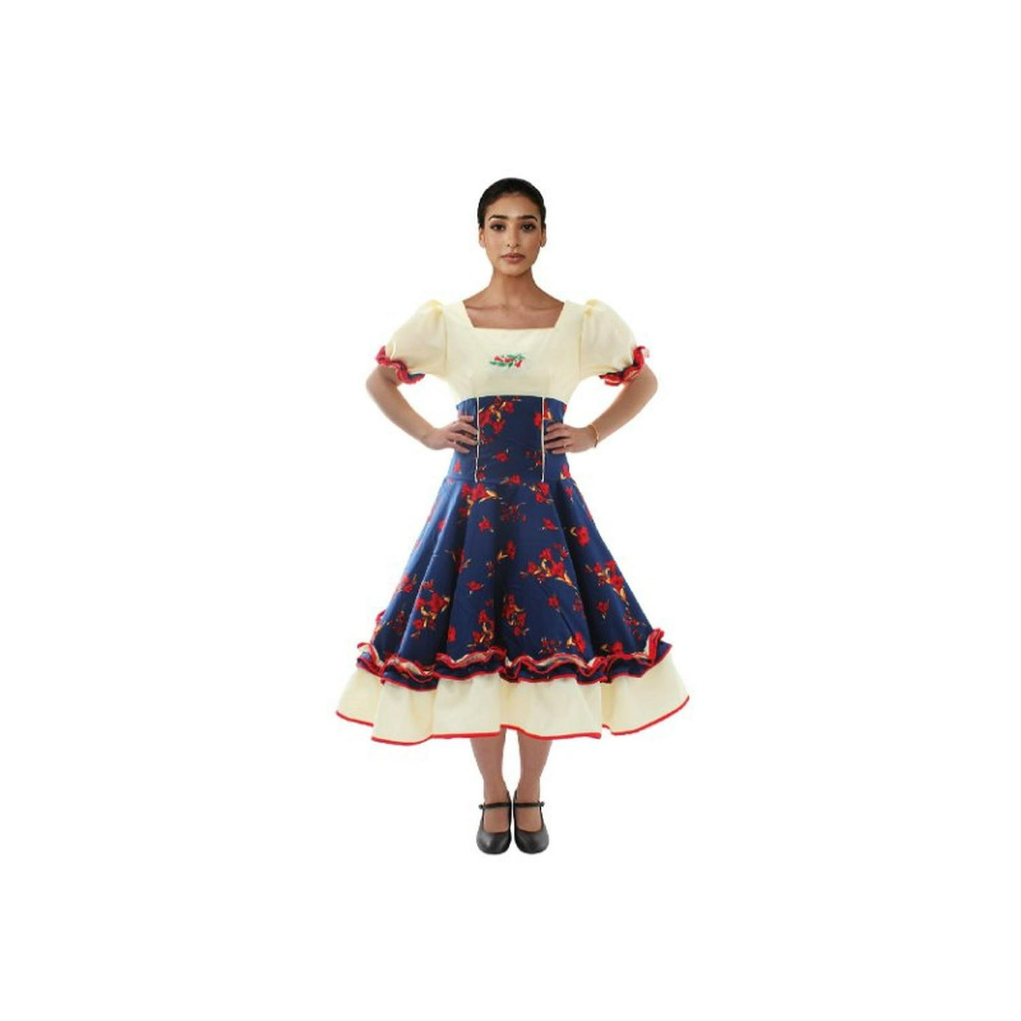 Wanny - Vestido Huasa Chinita Floreado Azul Blanco Mujer Azul L