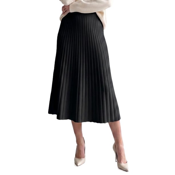 INSPIRE CHIC Falda Maxi de Mujer Plisada de Punto Acanalado con Cintura Alta Elástica Elegante Línea A Suave y Elástica Casual para Otoño Invierno Faldas de Suéter Mediana Negra