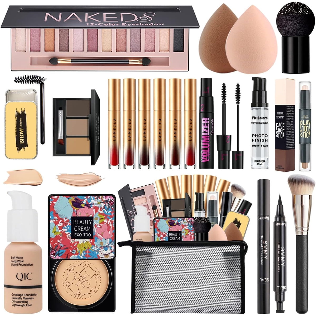 Set Maquillaje Nuibo Completo 12 Sombras Base Laquida