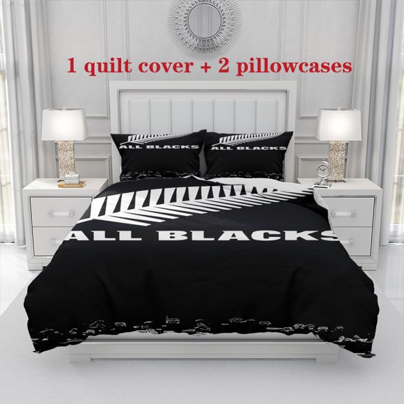 3pcs New Zealand All Blacks Silvery Fern Logo and Haka Dance Style Themed Printed Bedding Set Including a Soft Duvet Cover and Two Pillowcases