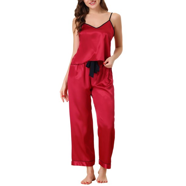 INSPIRE CHIC Conjunto de Pijama de Satén de 3 Piezas para Mujer, Top de Cami con Cuello en V Sedoso con Pantalones Palazzo y Máscara para Dormir, Ropa de Casa para Primavera Verano XL Rojo