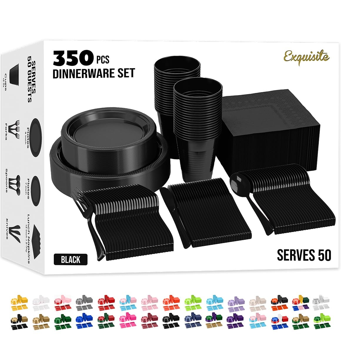 Party Solids - Juego De Vajilla Desechable Para Fiestas, 350 Piezas, Plástico Negro