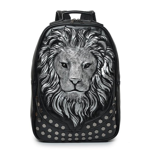 Mochila para portátil Kiisy 3D de piel de león a la moda para viajes, negra