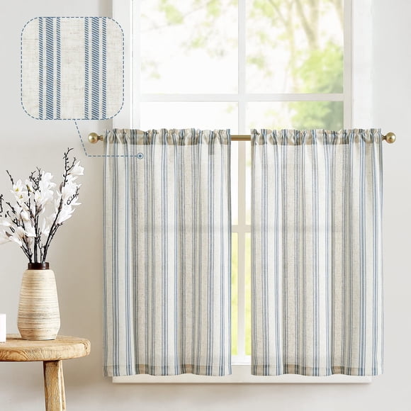 Cortinas De Cocina De Lino A Rayas 36 Cm Nivel Café Color Azul