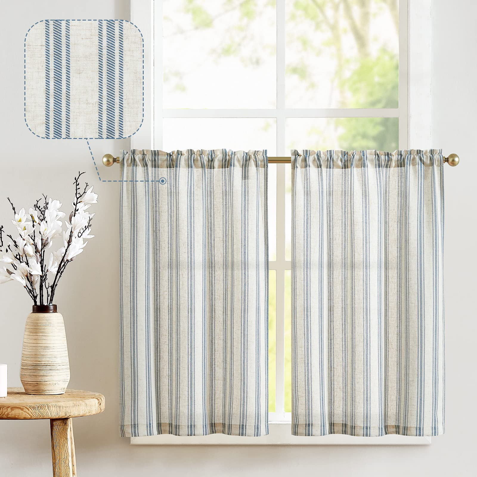 Cortinas De Cocina Jinchan De Lino A Rayas, 36 Cm, Nivel Café, Color Azul