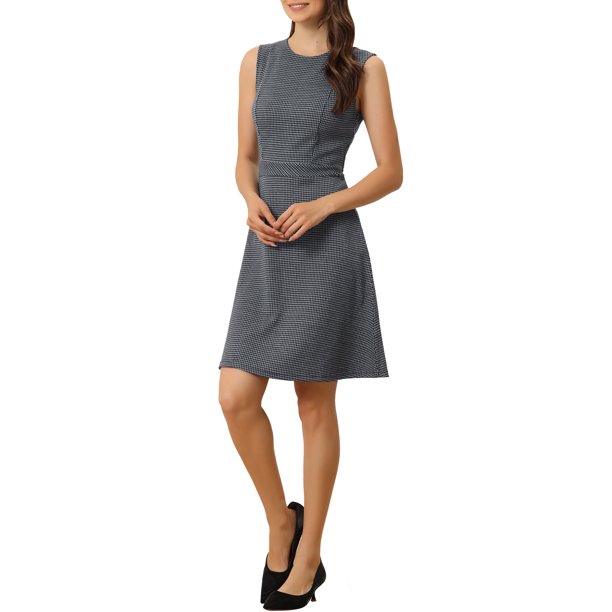 INSPIRE CHIC Vestido sin mangas de cuadros de pata de gallo por encima de la rodilla con ajuste y vuelo para mujer, atuendo de maestra para el regreso a clases, talla S, azul marino