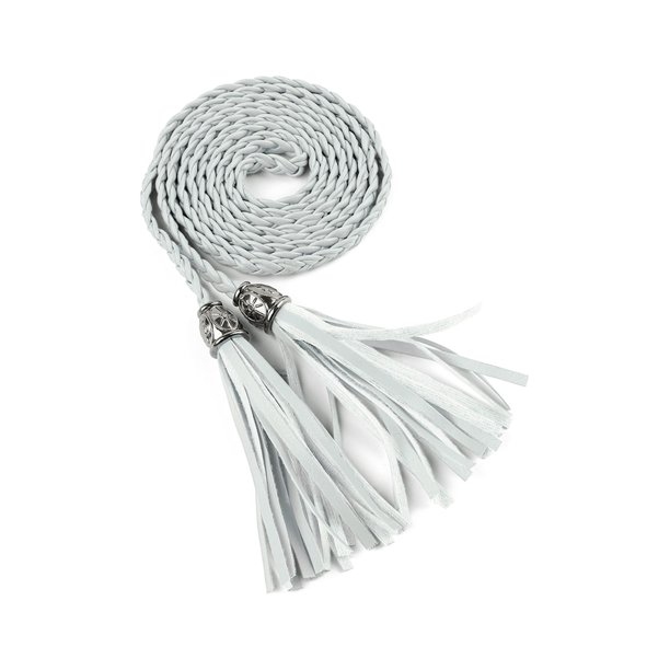 INSPIRE CHIC Cinturón delgado de cintura trenzado con borlas para mujer, cinturón bohemio delgado de cuero sintético para vestidos, plateado, 132 cm/52 pulgadas