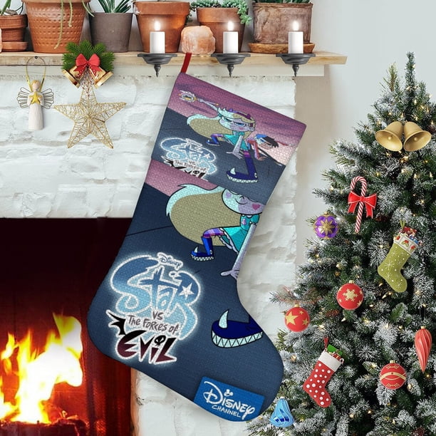 Star vs. las Fuerzas del Mal Tema: Calcetines de Navidad, fino lino blanco para colgar en escaleras y chimenea, decoración navideña para el hogar, regalo de Navidad.54cm×38cm