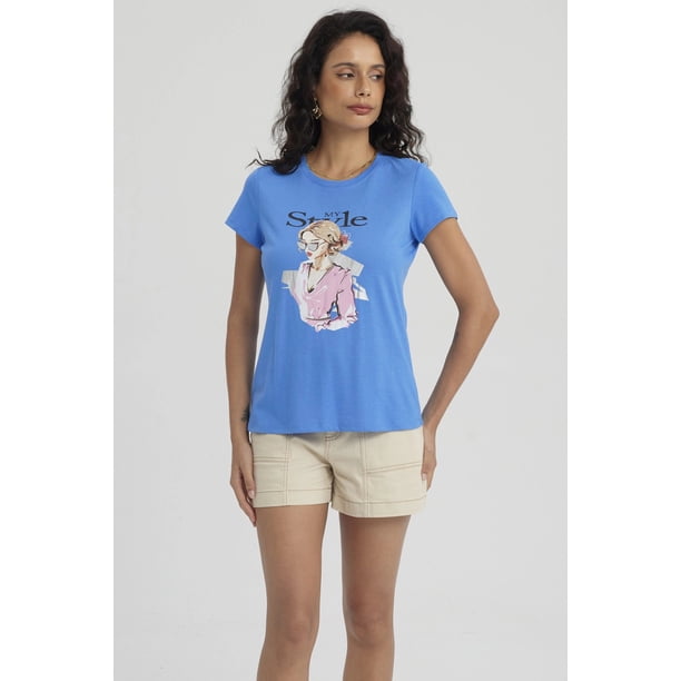 Polera Mujer Print Mujeres Con Aplicación Azulino