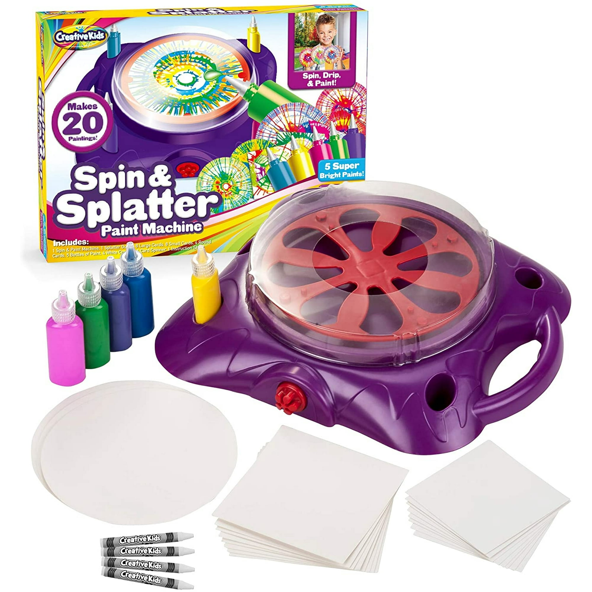 Creative Kids Spin & Paint Art Kit - Spinning Art Machine + Protector Flexible Para Salpicaduras + 5 Botellas De Pintura + 8 Tarjetas Grandes, 8 Pequeñas, 4 Redondas + 4 Crayones Blancos | Niños Peque