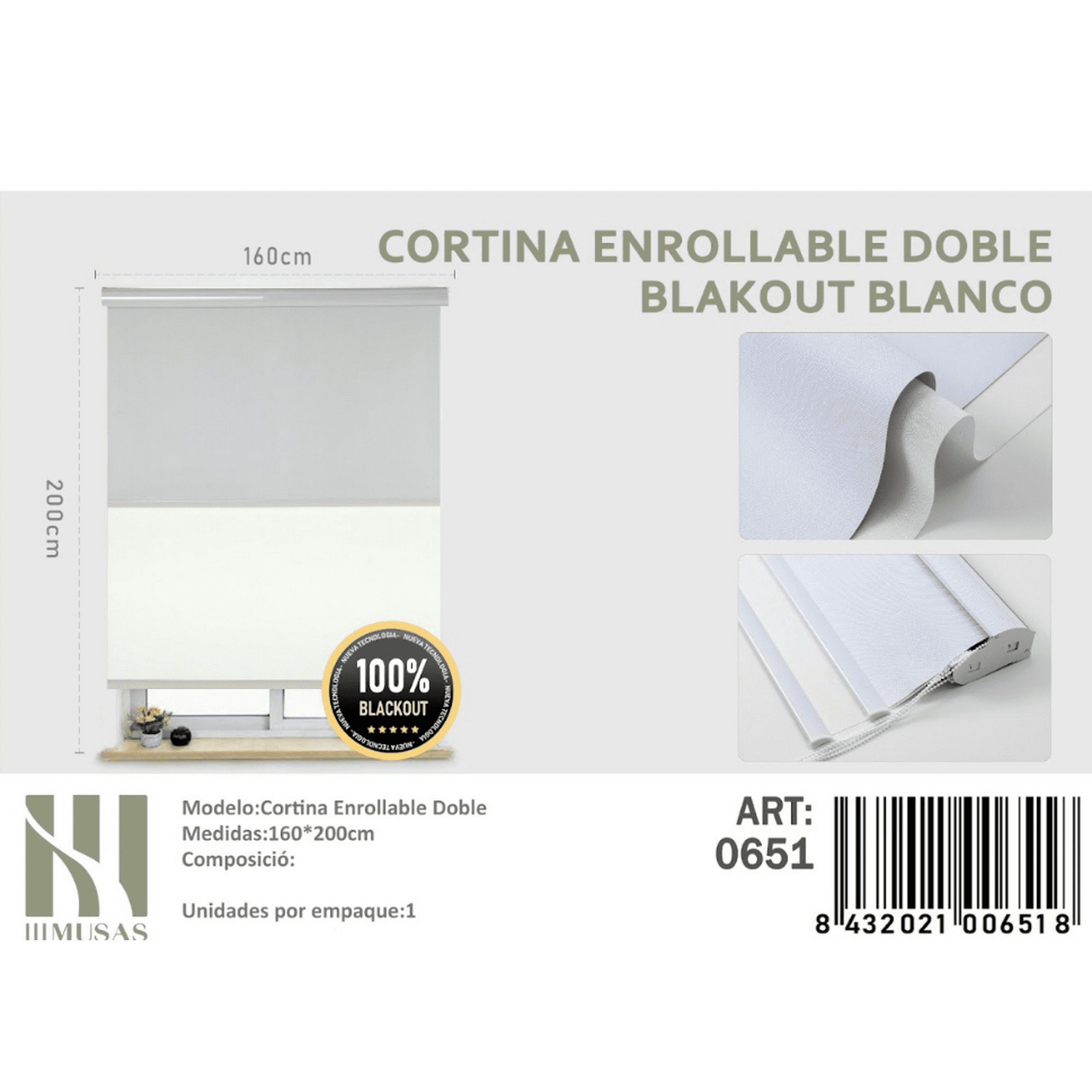 Mundo Shopping - Cortina Enrollable Doble Blackout Blanco Jaspeada 160x200cm Iii Musas