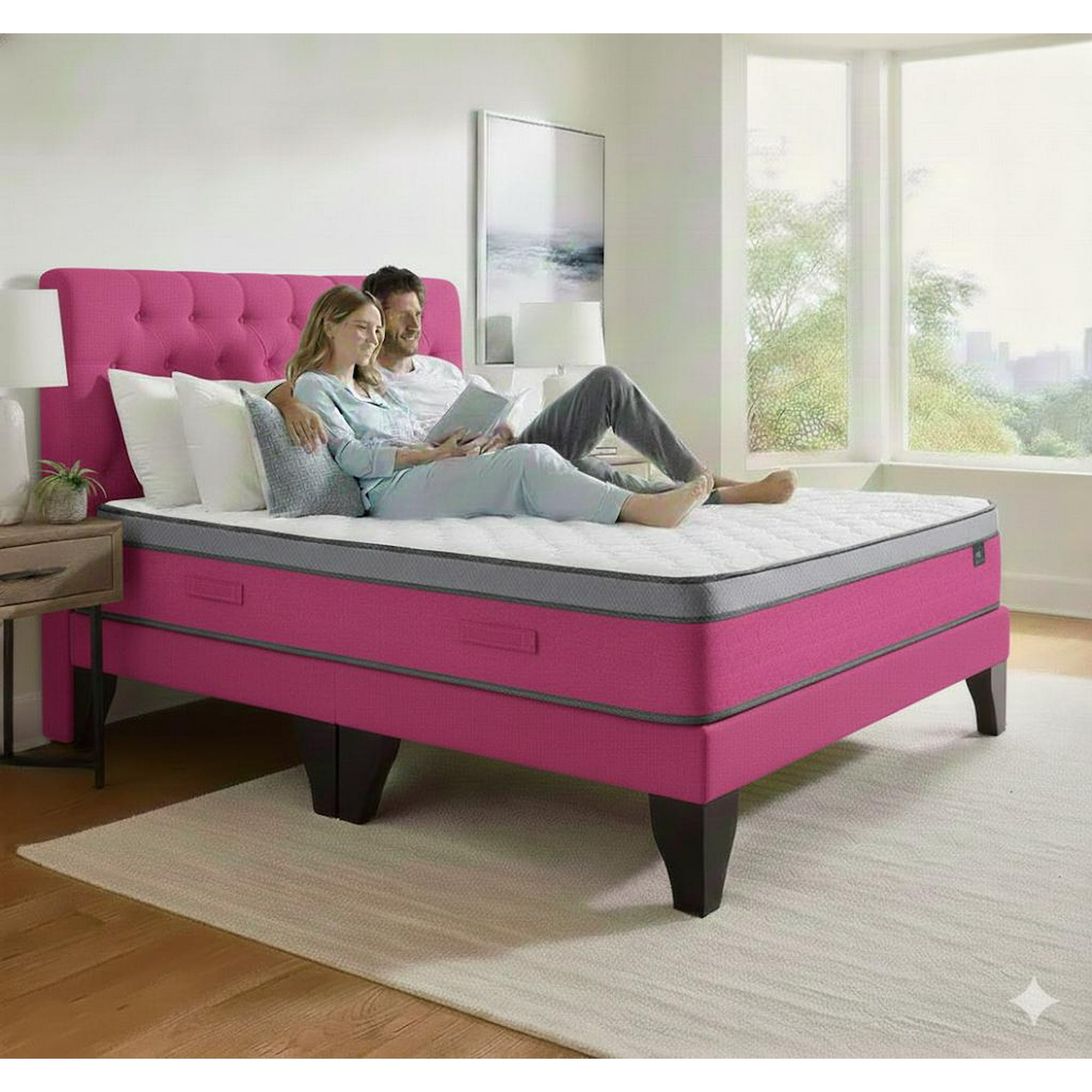 Vitelio - Cama 2 Plazas + Colchon Fuscia Capitone
