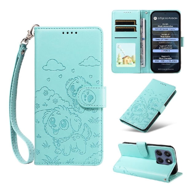Funda Cartera para Motorola Edge 60 Pro 5G Perro Cachorro Grabado con Tarjetas Soporte Correa Verde