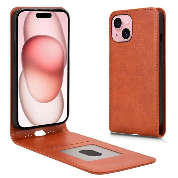 Funda tipo folio para iPhone 15 Plus con soporte magnético y protección para la cámara Marrón