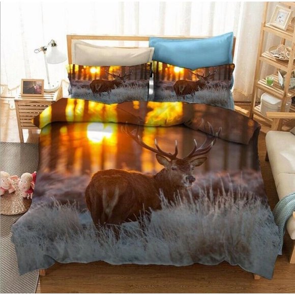 Sunset Elk Deer Animal Quilt Duvet Cover Set Soft Bedspread Children3-Piece Bedding Set