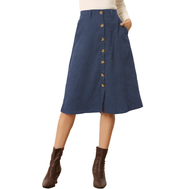INSPIRE CHIC Falda Midi de Pana de Cintura Alta para Mujer, Línea A, con Botones al Frente, Plisada, con Cinturón y Bolsillos, Azul Oscuro L