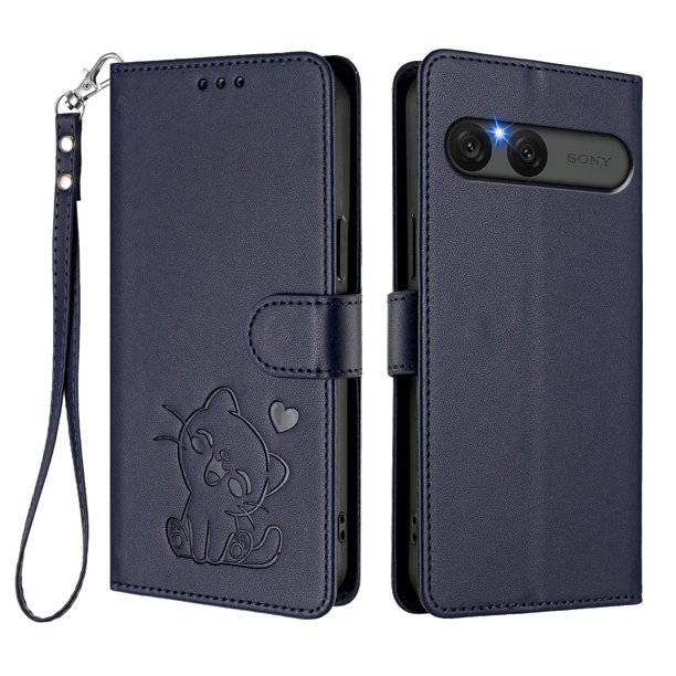 Sony Xperia 10 VII Funda Billetera con Estampado de Gato, Azul