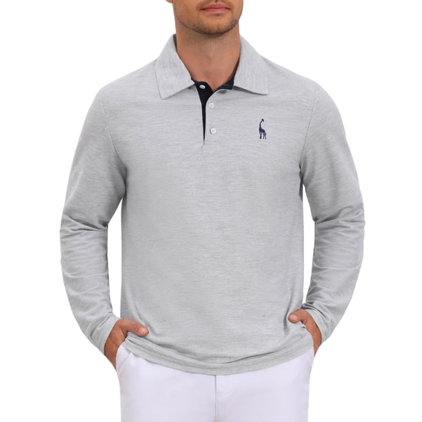 INSPIRE CHIC Camisa Polo de Hombre con Patrón Piqué de Manga Larga en Contraste de Color para Golf 2XL Gris