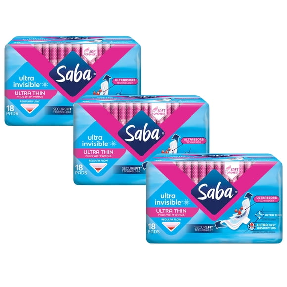 Compresas sanitarias Saba 54 unidades con alas, pack de 3