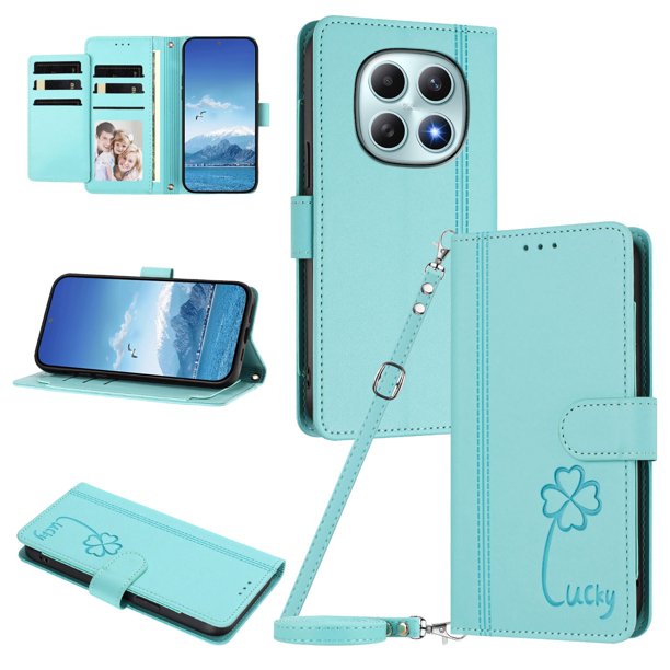 Funda Cartera Trébol para Xiaomi Redmi Note 15 4G/5G con Ranuras Tarjetas y Carga Inalámbrica Verde menta