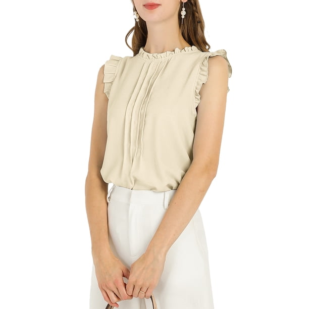 INSPIRE CHIC Blusas sin mangas para mujer de regreso a clases, blusas de trabajo con volantes y pliegues, beige XL