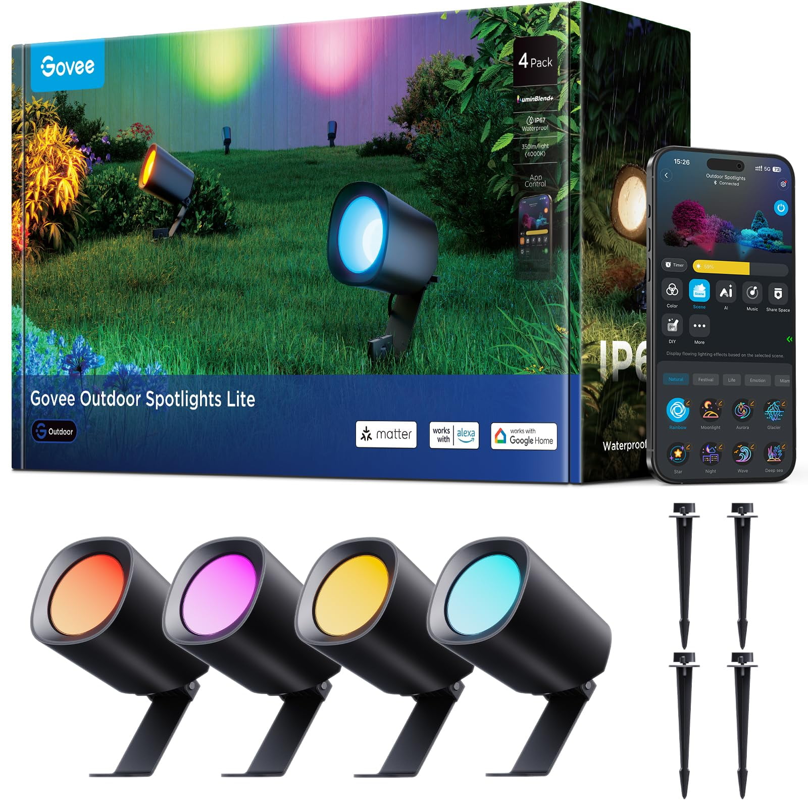 Focos Exteriores Govee Lite, Paquete De 4, Ip67, Resistentes Al Agua, Rgbwic