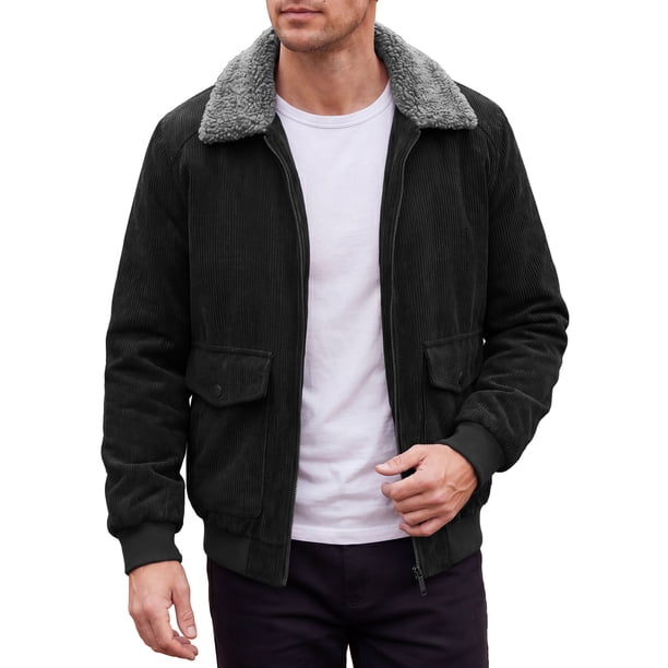 INSPIRE CHIC Abrigo de Invierno para Hombre con Cremallera, Bolsillos Laterales, Forro de Felpa Engrosado, Chaqueta de Pana, Talla S, Negro