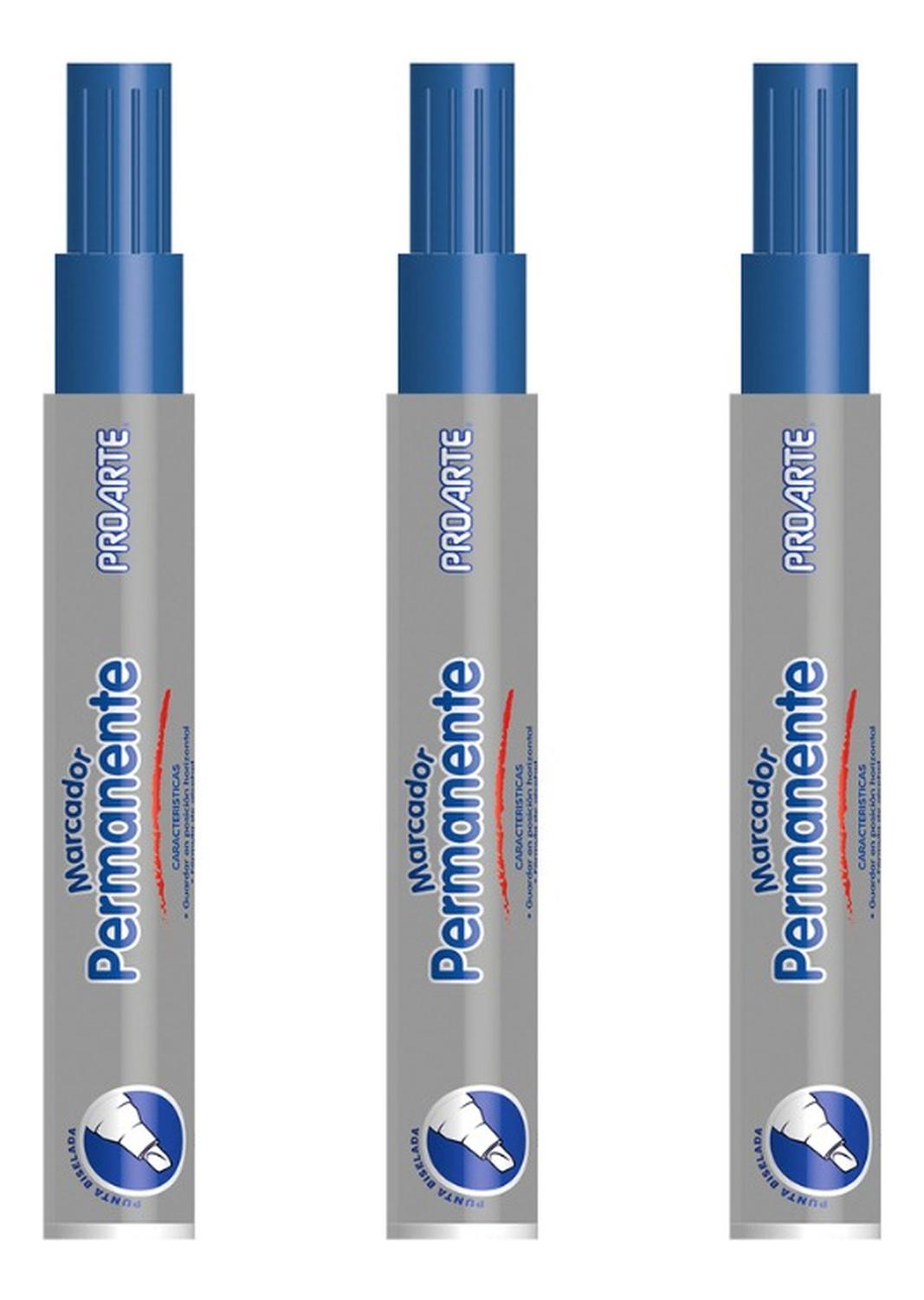 Set 3 Plumones Permanente Punta Biselada. Proarte Azul